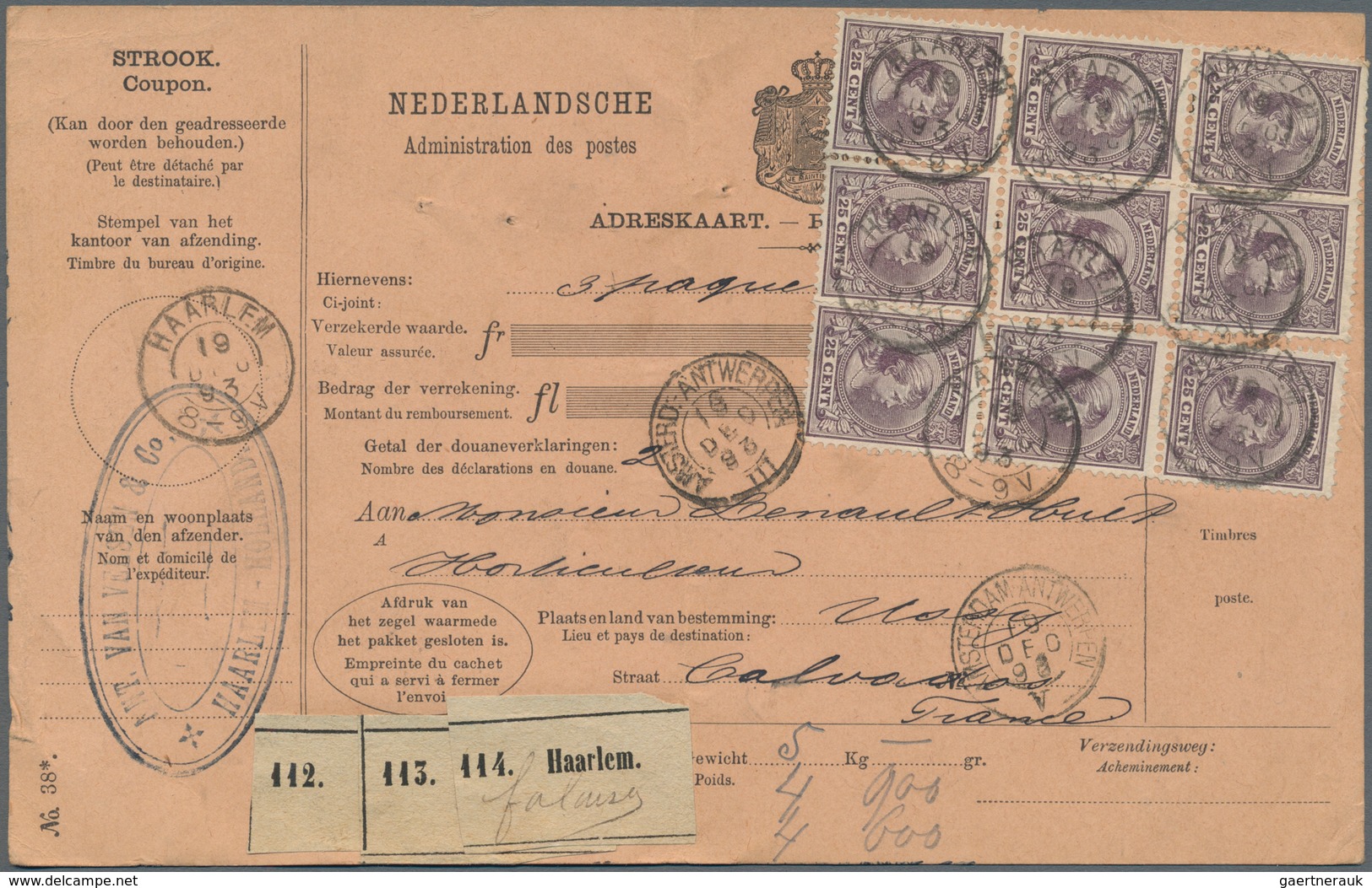 Niederlande: 1893 Parcel Card + Coupon For Three Packets From Haarlem To Ussy, Calvados, France Via - Autres & Non Classés