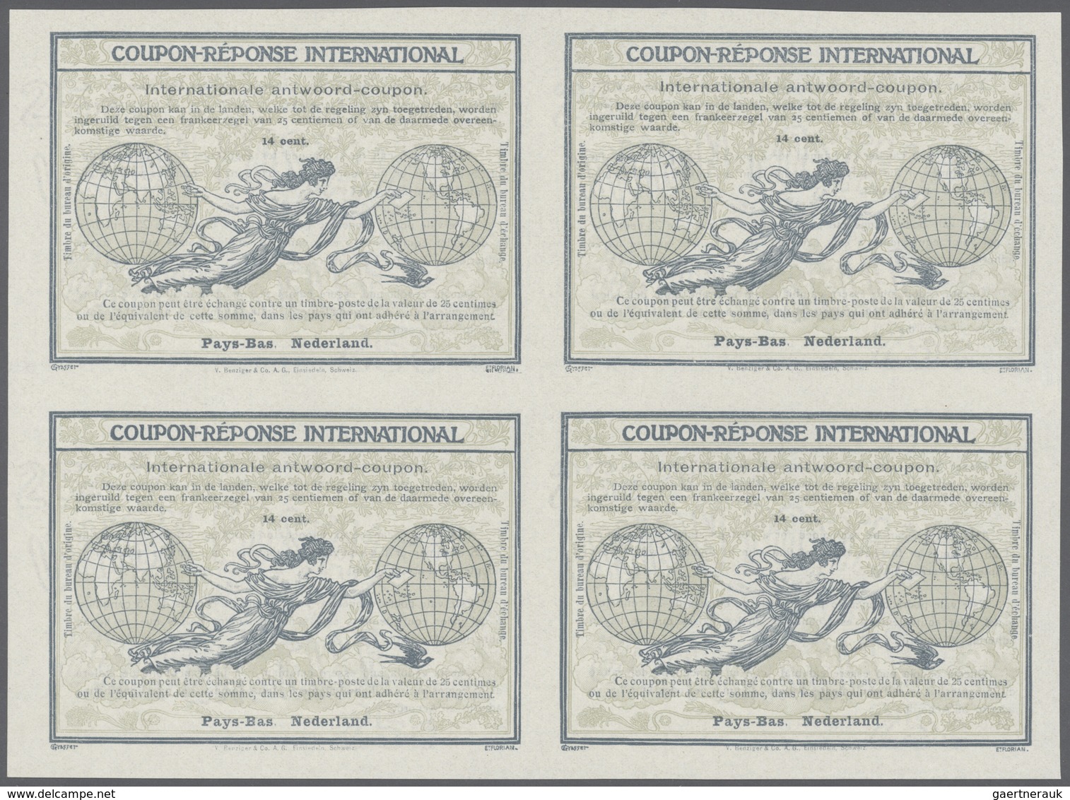 Niederlande - Ganzsachen: 1911. International Reply Coupon 14 Cent. (Rom Type) In An Unused Block Of - Postal Stationery