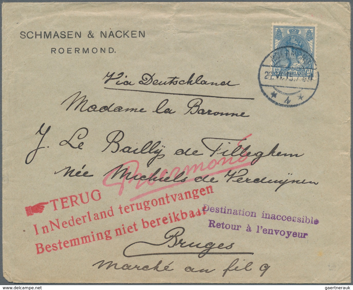 Niederlande - Besonderheiten: 1915, Cover From "ROERMOND 26.VI.15" To Bruges/Belgium, Endorsed "via - Sonstige & Ohne Zuordnung