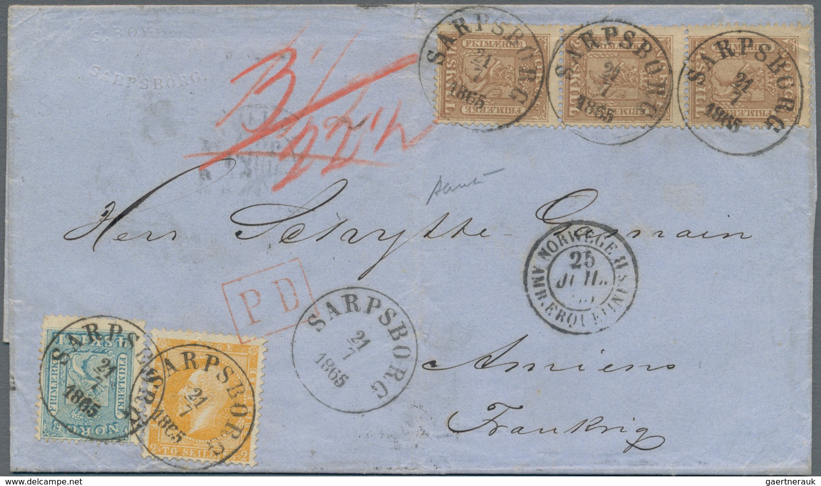 Norwegen: 1865 Entire Letter From Sarpsborg To Amiens, FRANCE Via Sandøsund And Calais, Franked By K - Lettres & Documents