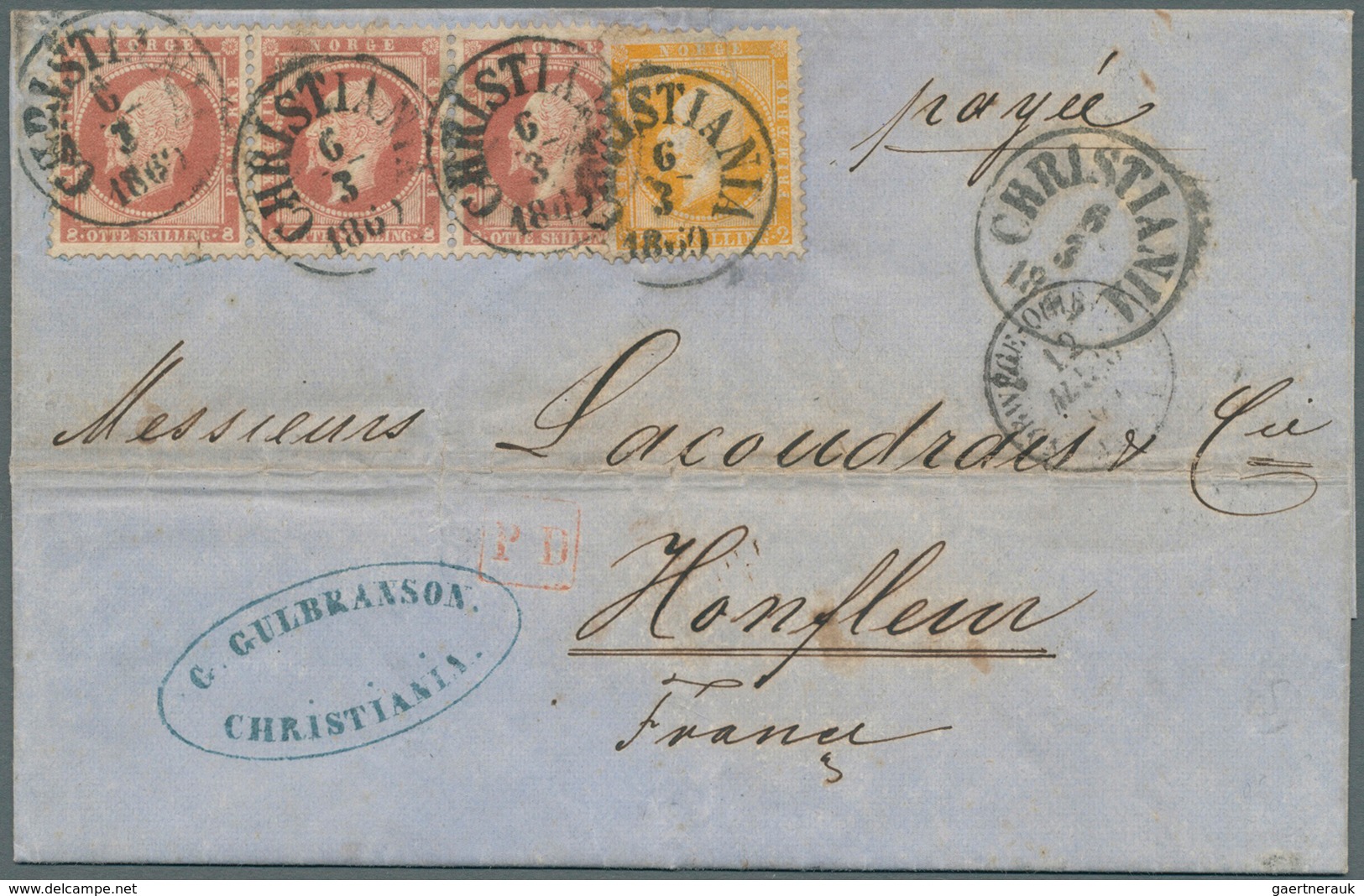 Norwegen: 1860. Envelope (horizontal And Vertical Fold, Traces Of Ageing) Addressed To France Bearin - Briefe U. Dokumente