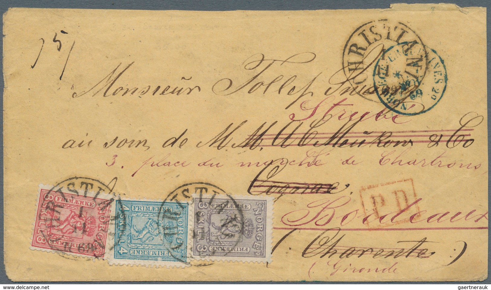 Norwegen: 1867, 3 Sk. Violett, 4 Sk. Blau Und 8 Sk. Karminrosa Zusammen Auf Kabinett-Couvert Von "CH - Covers & Documents