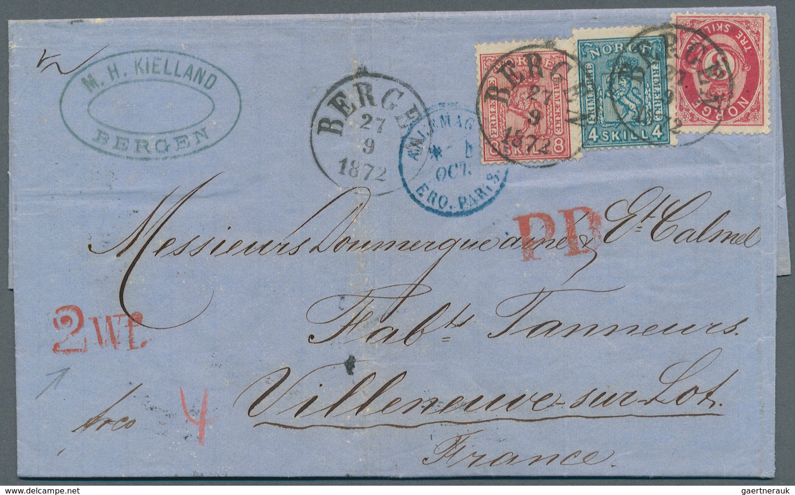 Norwegen: 1872. Envelope Addressed To France Bearing Yvert 14, 4s Blue, Yvert 15, 8s Rose And Yvert - Covers & Documents