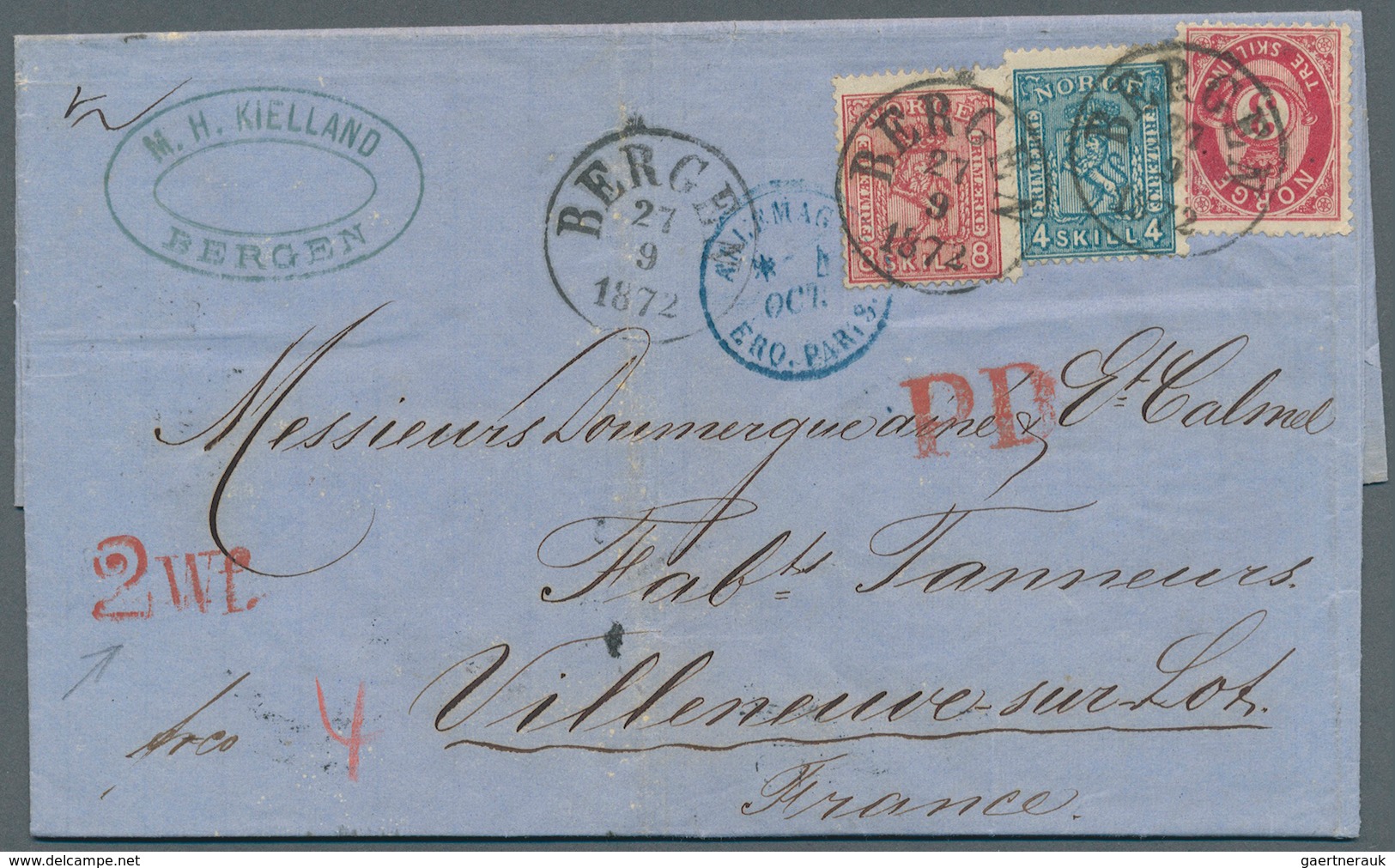 Norwegen: 1872. Envelope Addressed To France Bearing Yvert 14, 4s Blue, Yvert 15, 8s Rose And Yvert - Briefe U. Dokumente