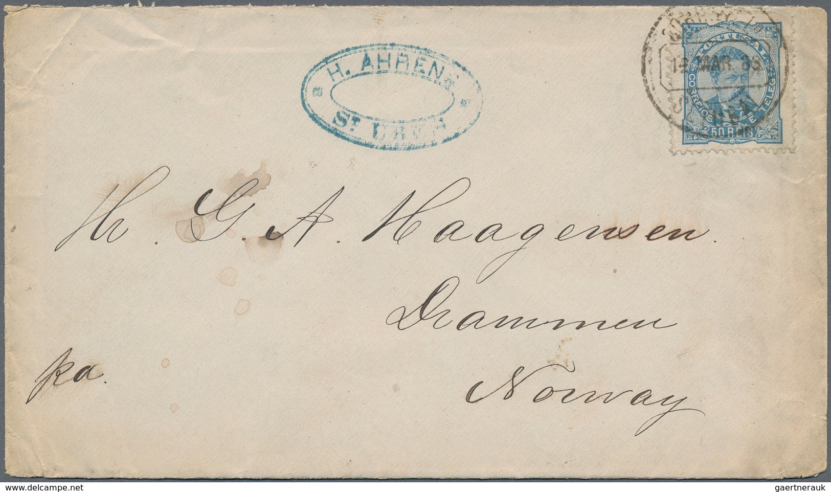 Norwegen: 1883, INCOMING MAIL: Portugal, 50 R Blue Luis I., Single Franking On Cover From SETUBAL, 1 - Covers & Documents