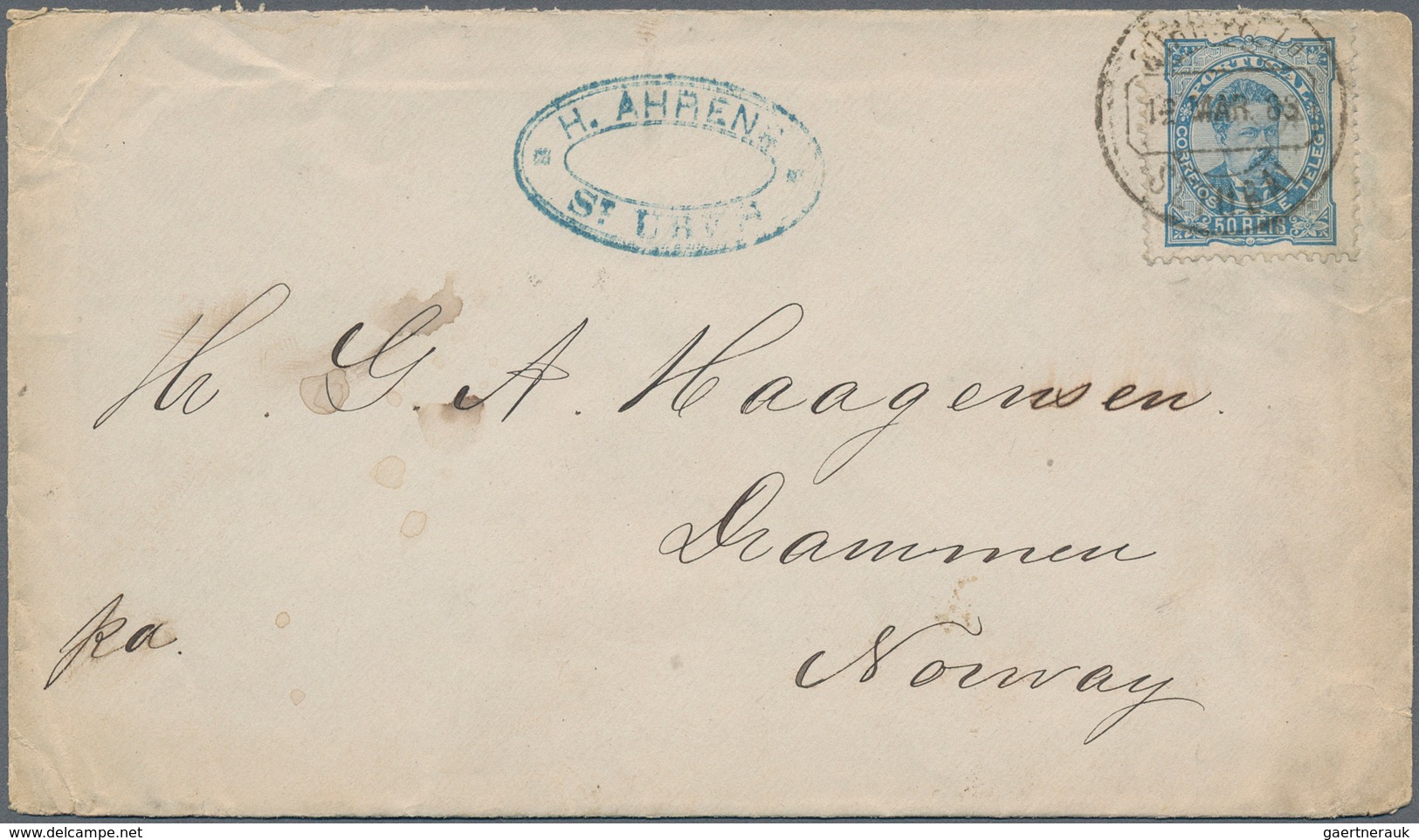 Norwegen: 1883, INCOMING MAIL: Portugal, 50 R Blue Luis I., Single Franking On Cover From SETUBAL, 1 - Briefe U. Dokumente