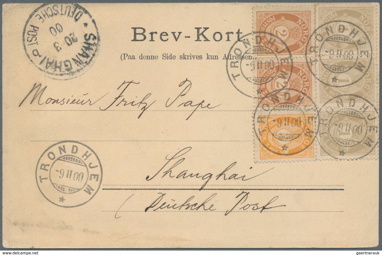 Norwegen: 1900, Ppc Franked With Six Posthorn Stamps From "TRONDHJEM 9.II.00" With Private Greetings - Lettres & Documents