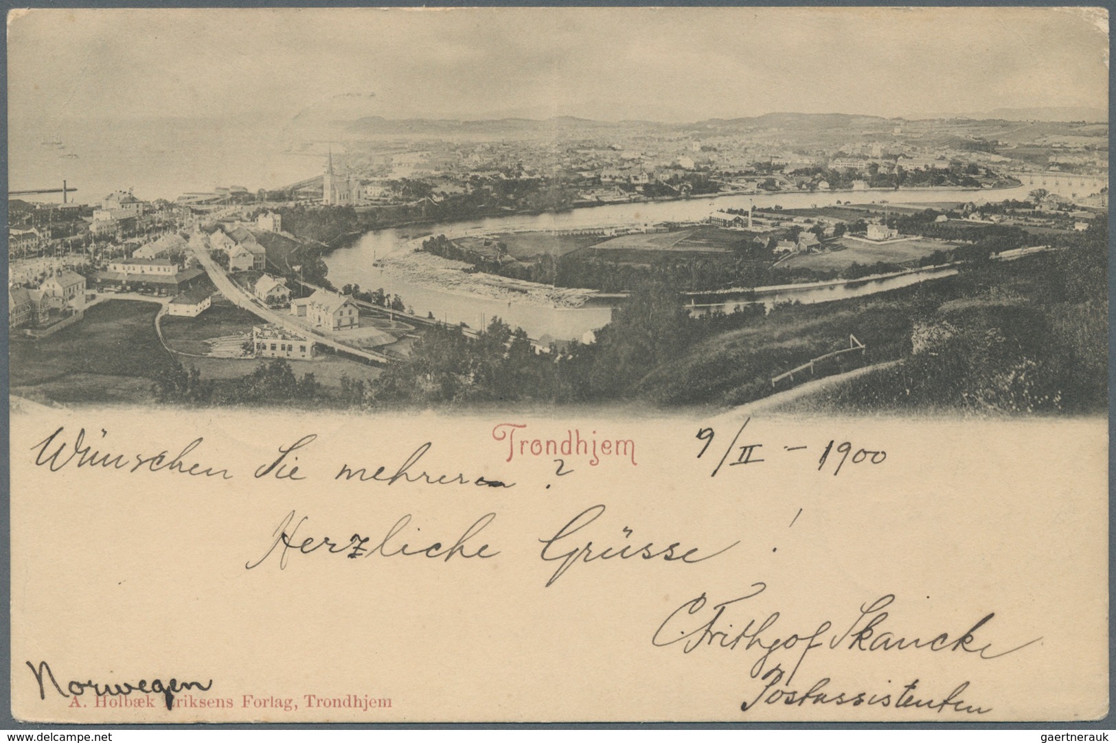 Norwegen: 1900, Ppc Franked With Six Posthorn Stamps From "TRONDHJEM 9.II.00" With Private Greetings - Briefe U. Dokumente