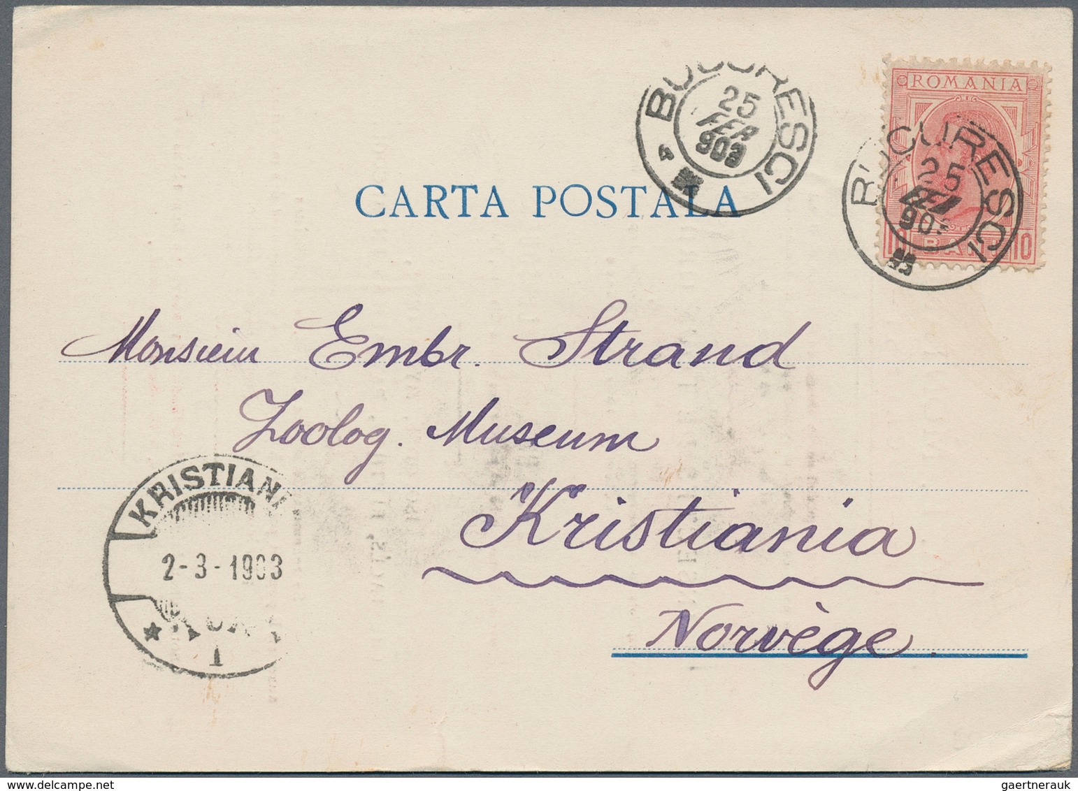 Norwegen: 1903, INCOMING MAIL: Romania, 10 B Rose, Single Franking On Commercial Postcard From BUCUR - Covers & Documents