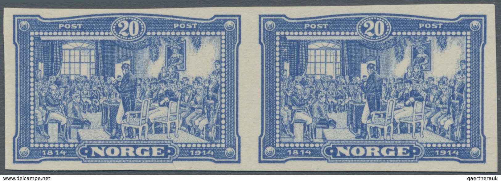 Norwegen: 1914, 100th Anniversary Of Independence, 20ö. Ultramarine, Horiz. Pair Of Imperf. Proof In - Covers & Documents