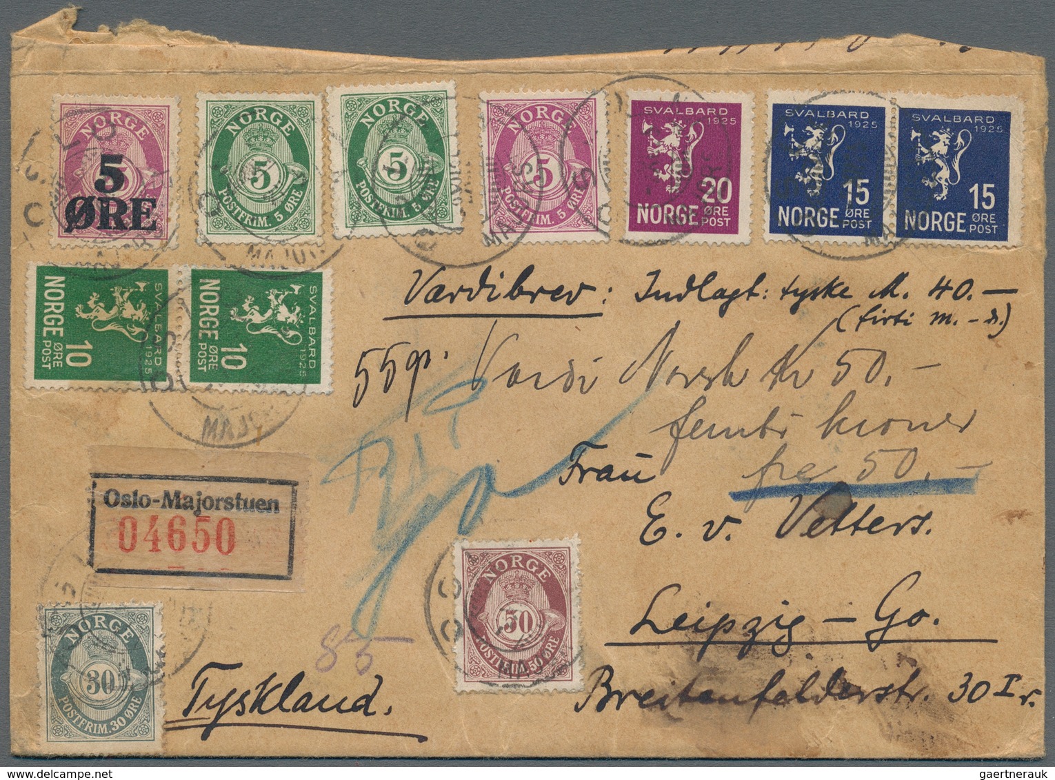 Norwegen: 1925 Value Letter Over 40 Reichsmark With Multicolored Franking From Oslo-Majorstuen To Le - Lettres & Documents