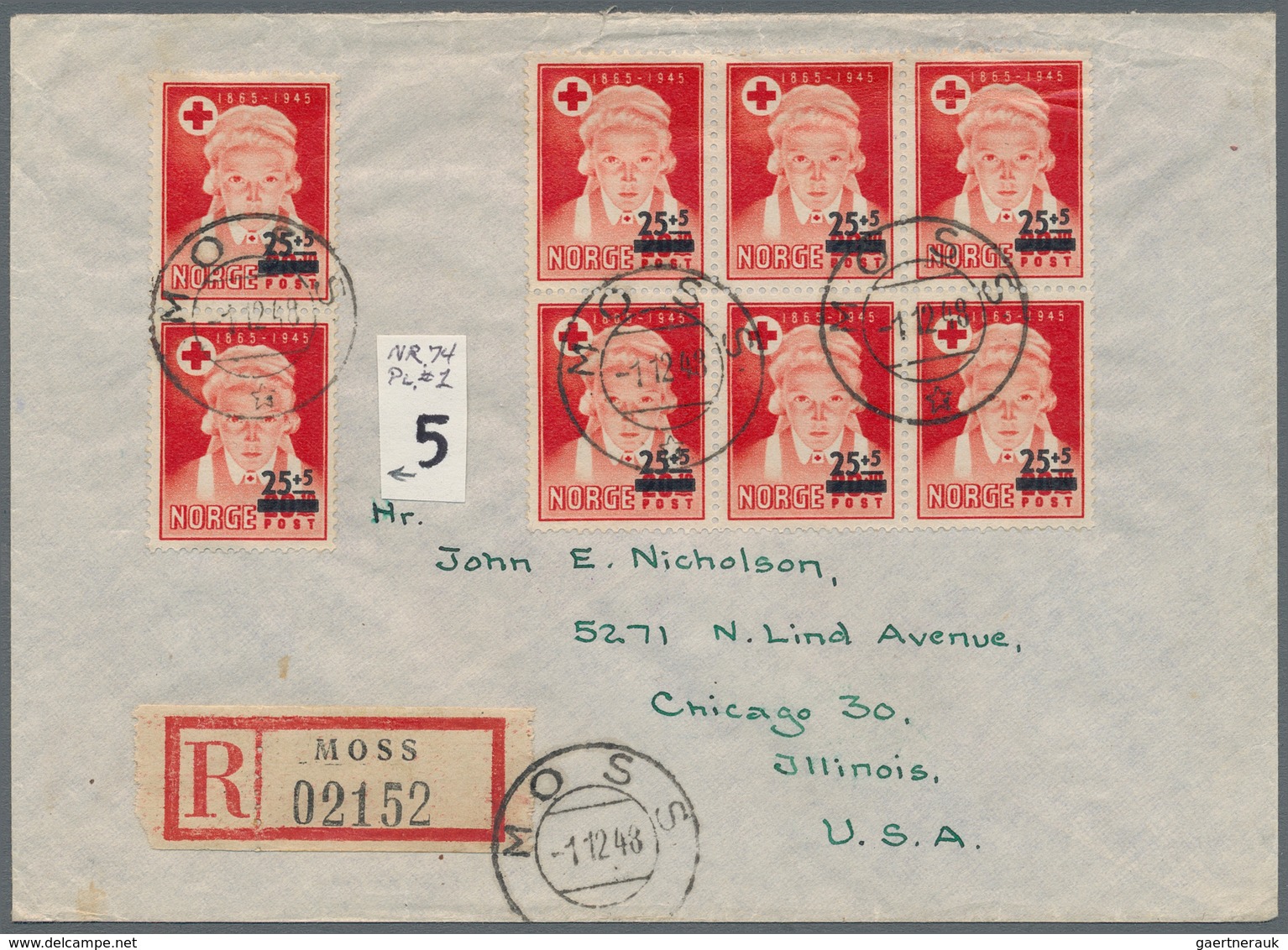 Norwegen: 1948 Registered Cover With Attractive Multiple Franking 25+5 On 20+10 In Red From Moss To - Briefe U. Dokumente