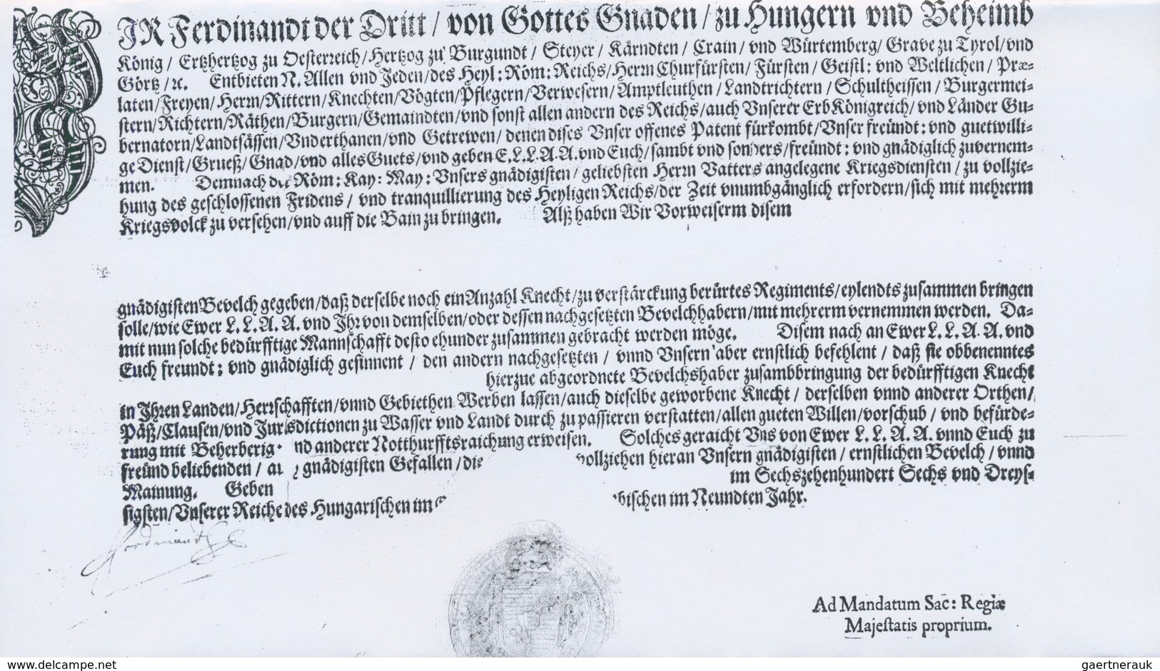 Österreich - Vorphilatelie: 1636, FERDINAND III, König Von Böhmen Und Ungarn, Eigenhändige Unterschr - ...-1850 Préphilatélie