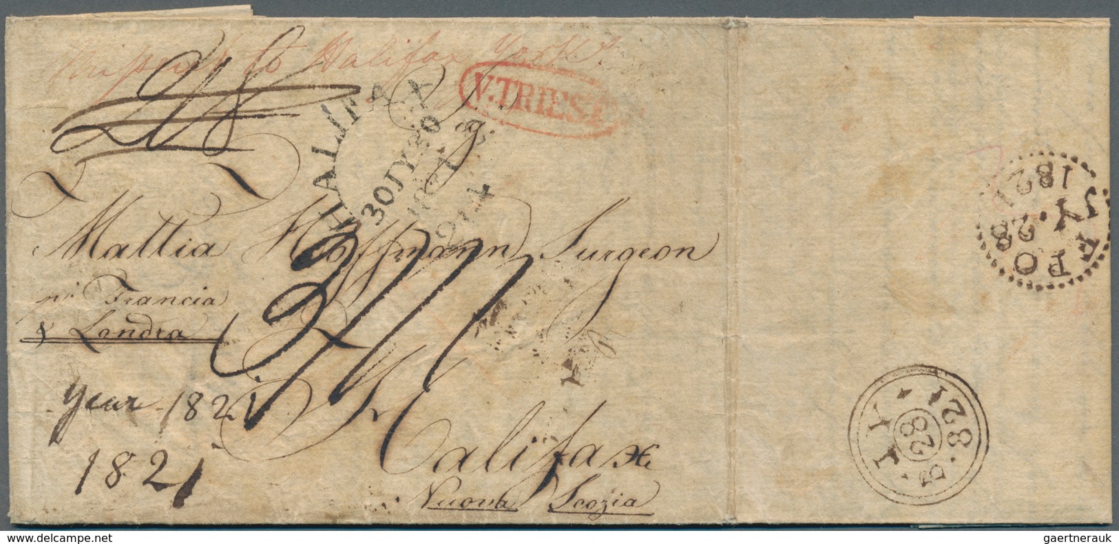 Österreich - Vorphilatelie: 1821, "V.TRIEST" Roter Oval-Stempel Auf Kpl. Faltbrief Nach Halifax/Neus - ...-1850 Prephilately