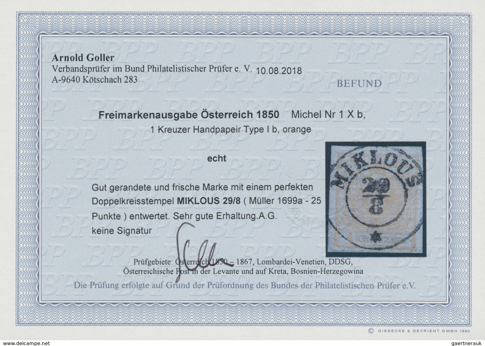 Österreich: 1850, Freimarke 1 Kreuzer Orange Handpapier, Gut Gerandet Und Frisch Mit Perfektem Doppe - Neufs