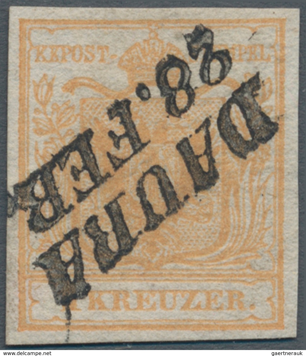 Österreich: 1850, 1 Kr. Wappen Handpapier Rötlichbraunorange Mit Komplettem Kursivstempel "DAUBA 28. - Neufs