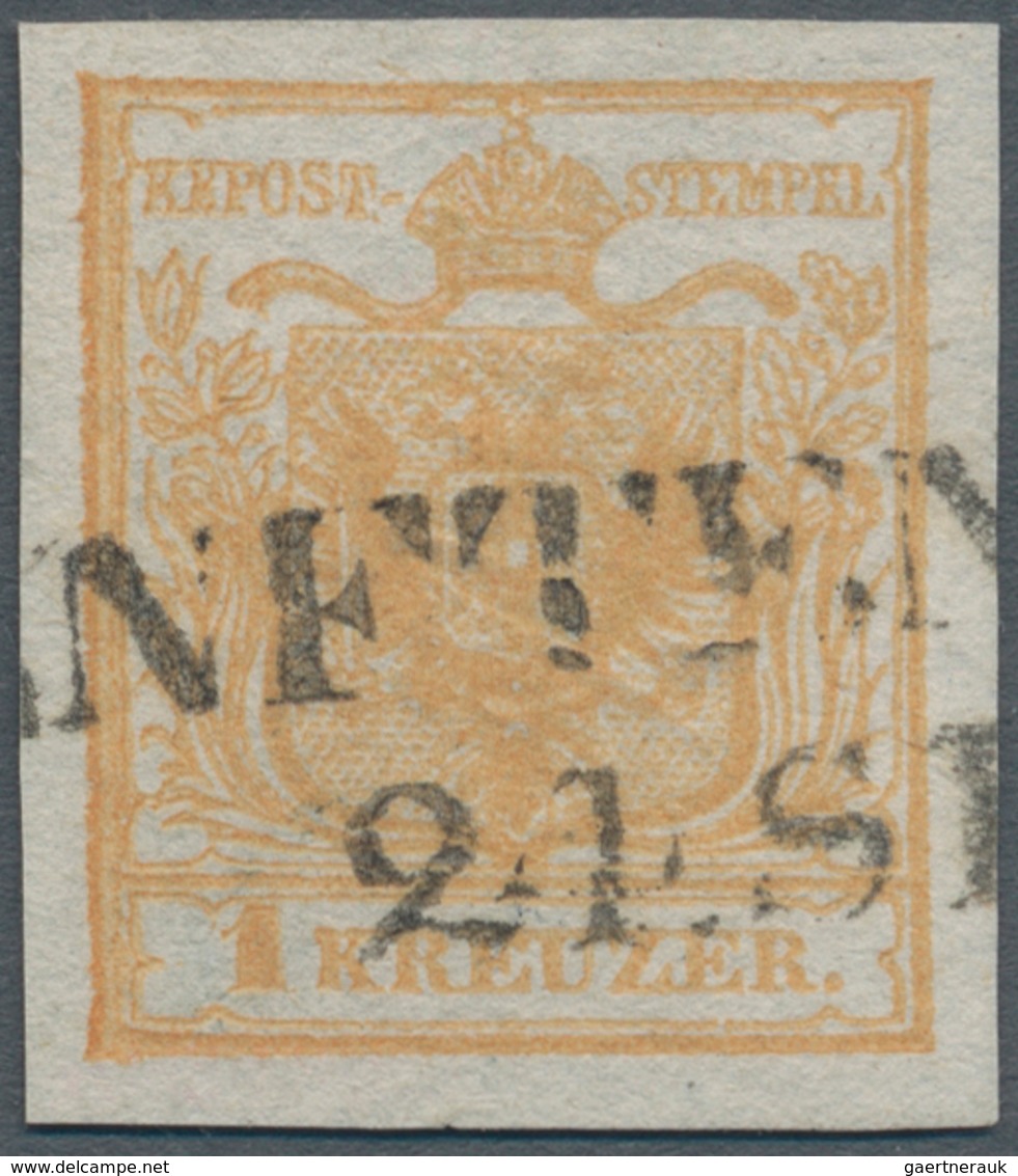 Österreich: 1850, 1 Kr. Wappen Handpapier Braunorange Mit Deutlichem Randdruck Und Teilstempel "..NF - Unused Stamps