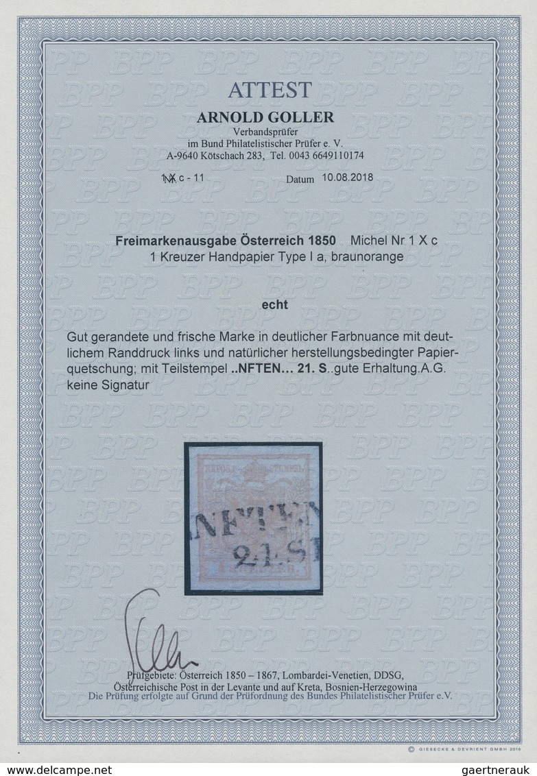 Österreich: 1850, 1 Kr. Wappen Handpapier Braunorange Mit Deutlichem Randdruck Und Teilstempel "..NF - Neufs