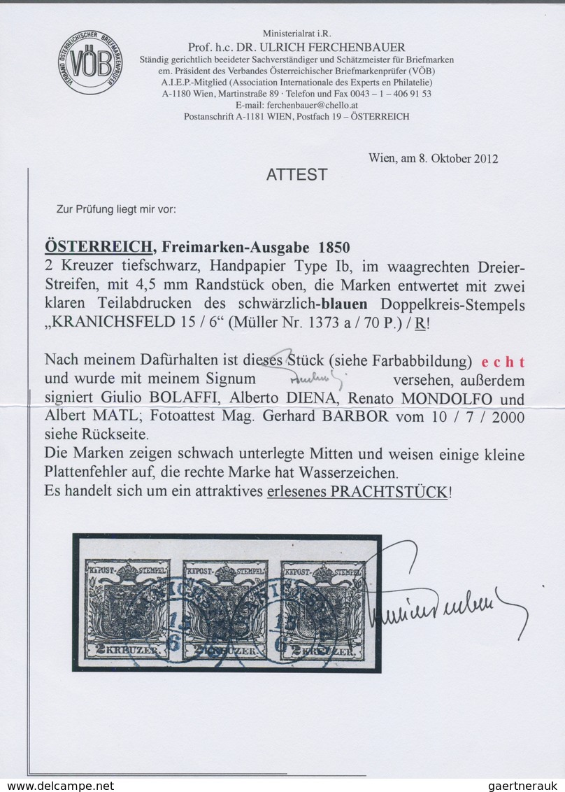Österreich: 1850, 2 Kr Tiefschwarz, Handpapier, Type Ib, Waagerechter Dreierstreifen Mit 4,5 Mm Ober - Ungebraucht
