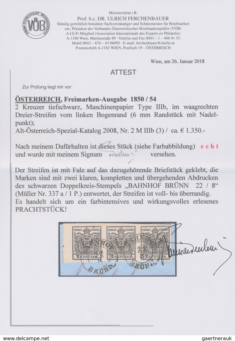 Österreich: 1850/1854, 2 Kreuzer Tiefschwarz, Maschinenpapier Type IIIb, Waagerechter Dreierstreifen - Neufs