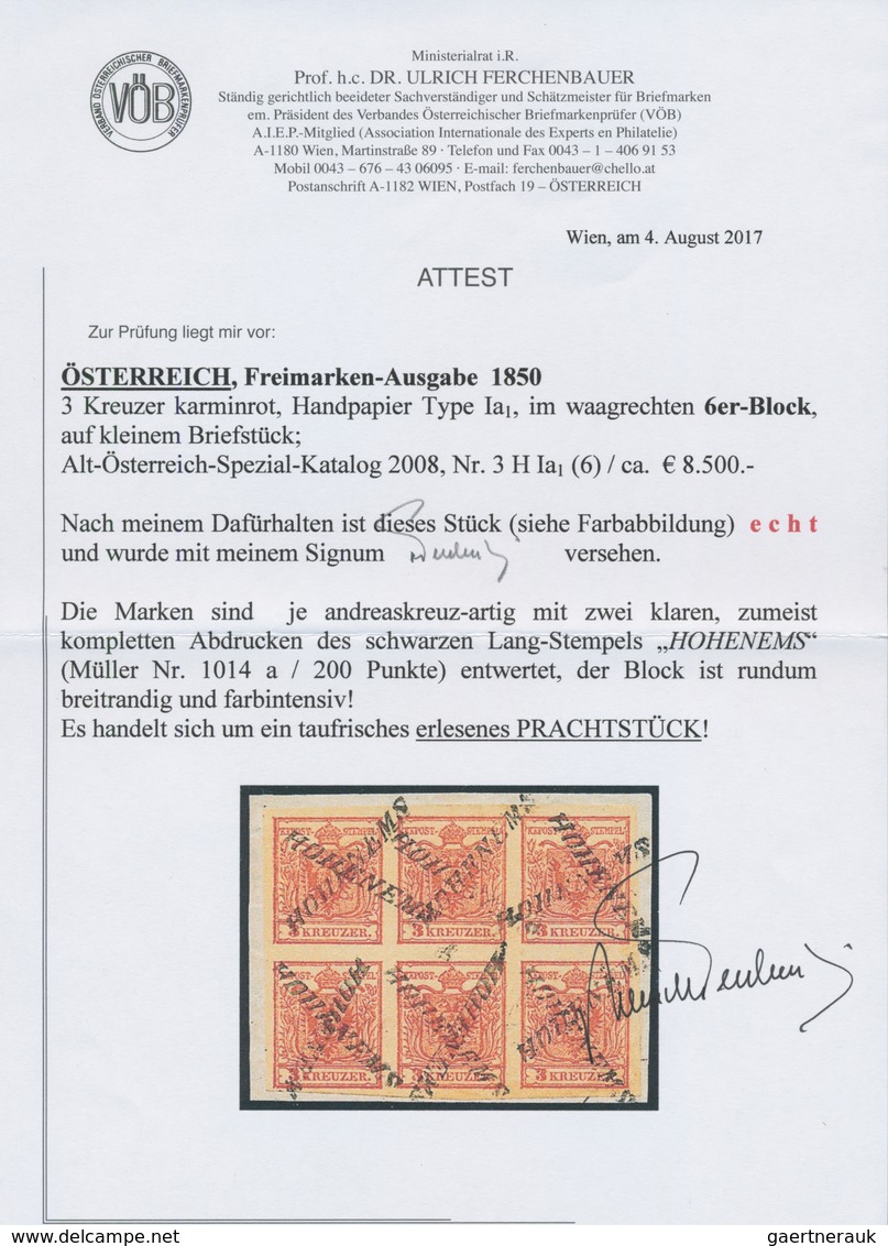 Österreich: 1850, 3 Kr Karminrot, Handpapier Type I A1, Waagerechter 6er-Block, Allseits Breitrandig - Ungebraucht