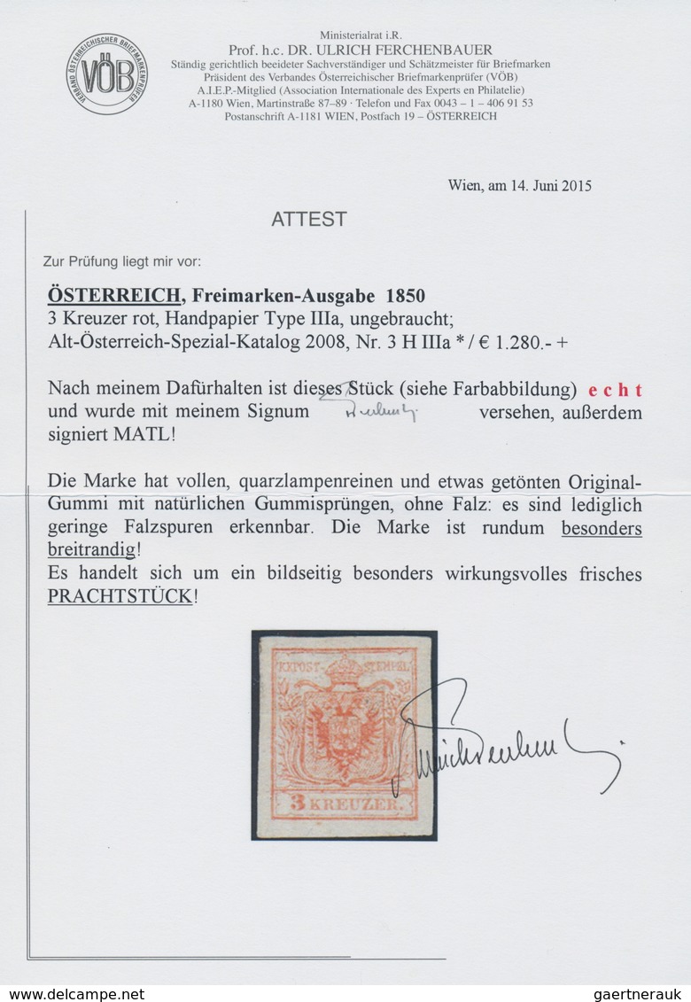 Österreich: 1850, 3 Kr Rot, Type IIIa Auf Handpapier, Ungebraucht Mit Etwas Getöntem, Typisch Gespru - Ungebraucht
