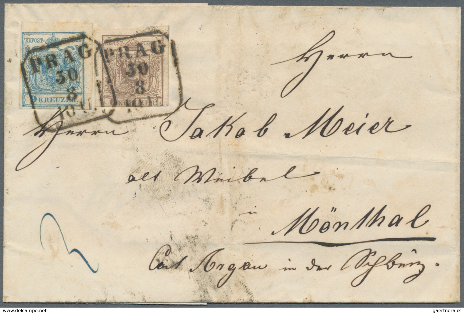 Österreich: 1858, 6 Kr. Braun (unten Angeschnitten) Und 9 Kr. Blau, 15 Kr.-Porto Auf Faltbriefhülle - Neufs