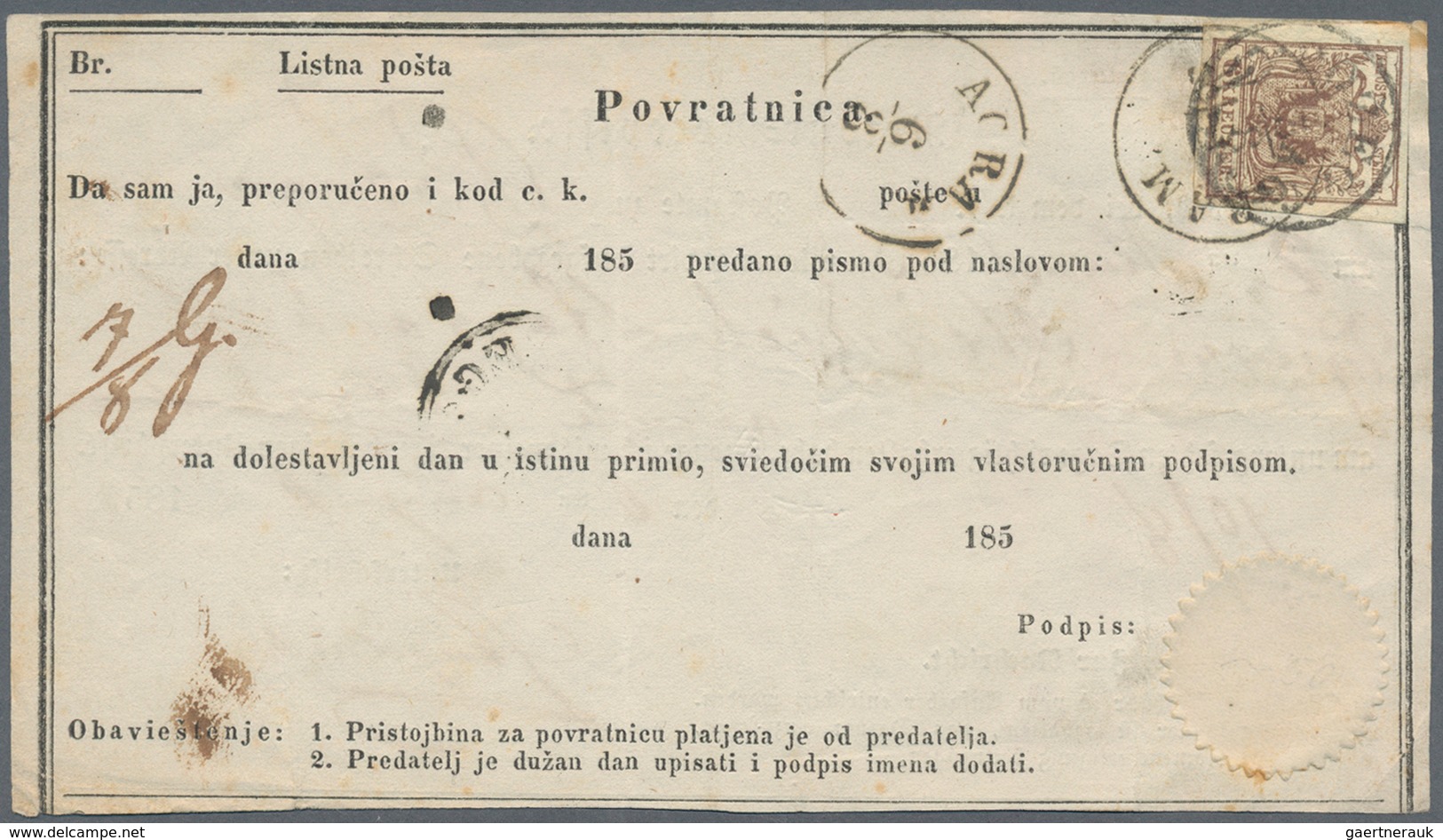 Österreich: 1853, 6 Kr Braun, Handpapier, Allseits Vollrandig, Einzelfrankatur Auf Zweisprachiger Re - Ungebraucht