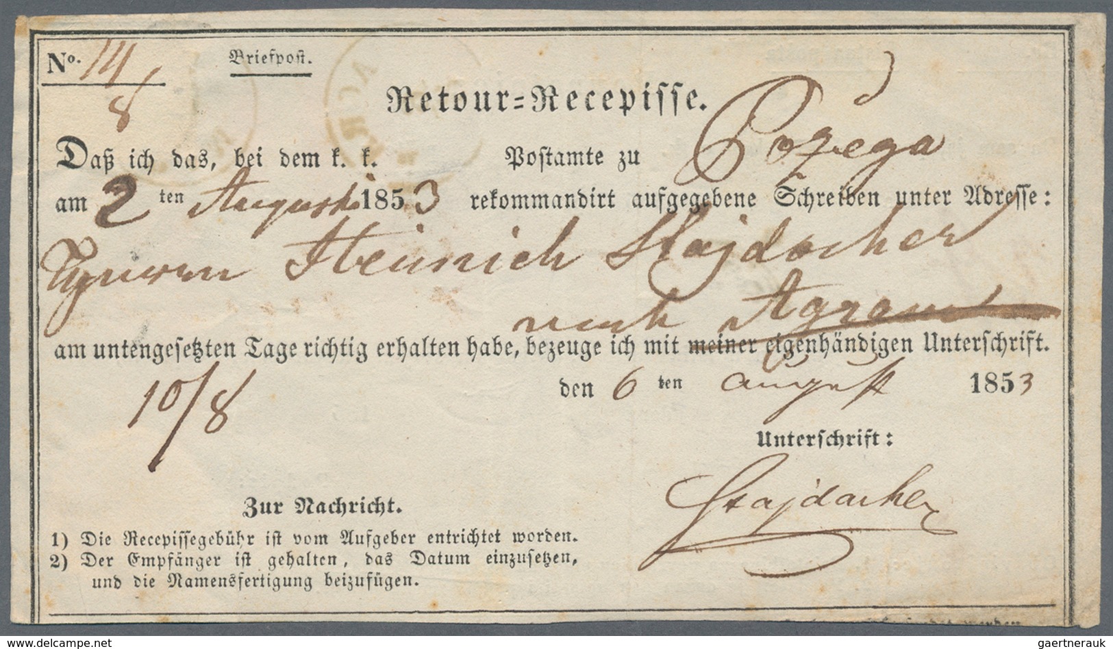 Österreich: 1853, 6 Kr Braun, Handpapier, Allseits Vollrandig, Einzelfrankatur Auf Zweisprachiger Re - Ungebraucht