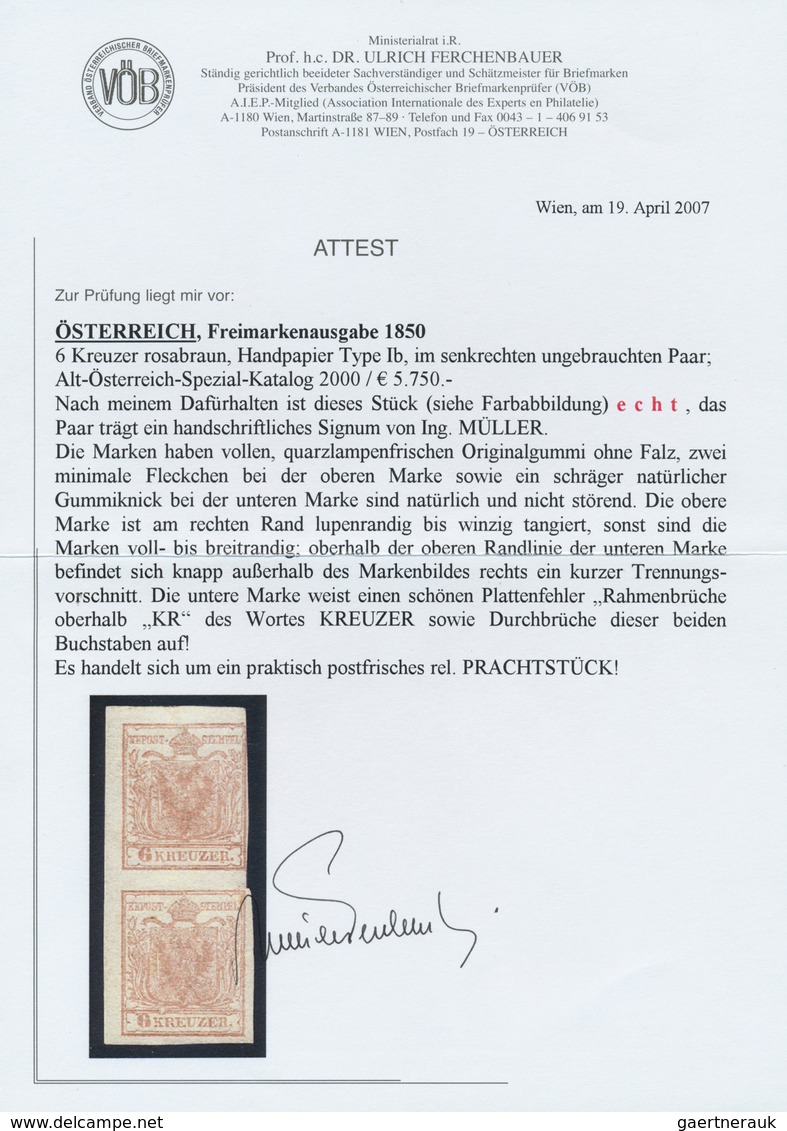 Österreich: 1850, 6 Kr. Rosabraun HP Type Ib Im Senkrechten Paar Dabei Die Obere Marke Am Rechten Ra - Neufs