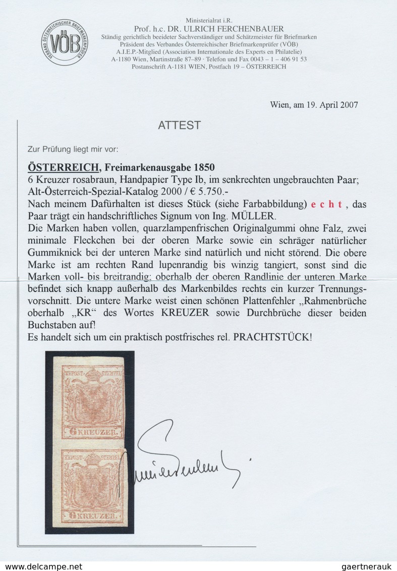 Österreich: 1850, 6 Kr. Rosabraun HP Type Ib Im Senkrechten Paar Dabei Die Obere Marke Am Rechten Ra - Ungebraucht