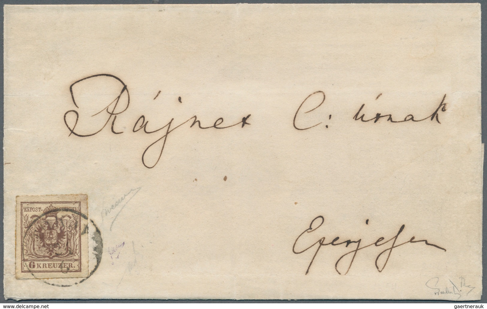 Österreich: 1850: 6 Kreuzer Braun, Handpapier Type III, Linien-Durchstich 14 (sogenannter "Tokayer D - Neufs