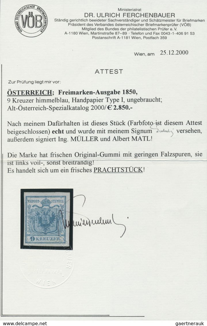 Österreich: 1850, 9 Kr Himmelblau, Type I Auf Handpapier In Ungebrauchter Prachterhaltung, Frischer - Neufs