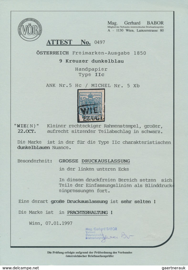 Österreich: 1850, 9 Kreuzer Dunkelblau, Handpapier Type II C, Mit Großer Druckauslassung Der Linken - Ungebraucht