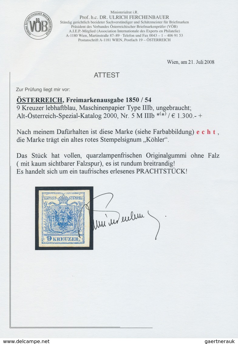 Österreich: 1850, 9 Kr Lebhaftblau, Type IIIb Auf Maschinenpapier In Ungebrauchter Ausnahmeerhaltung - Ungebraucht