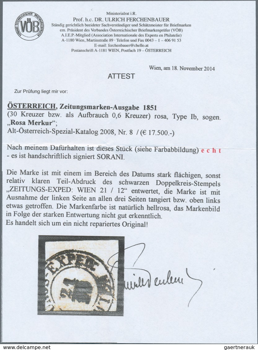 Österreich: 1851, 30 Kr. Rosa In Type I B, Sogenannter "ROSA MERKUR" Mit Zentrischem K2 "ZEITUNGS-EX - Unused Stamps