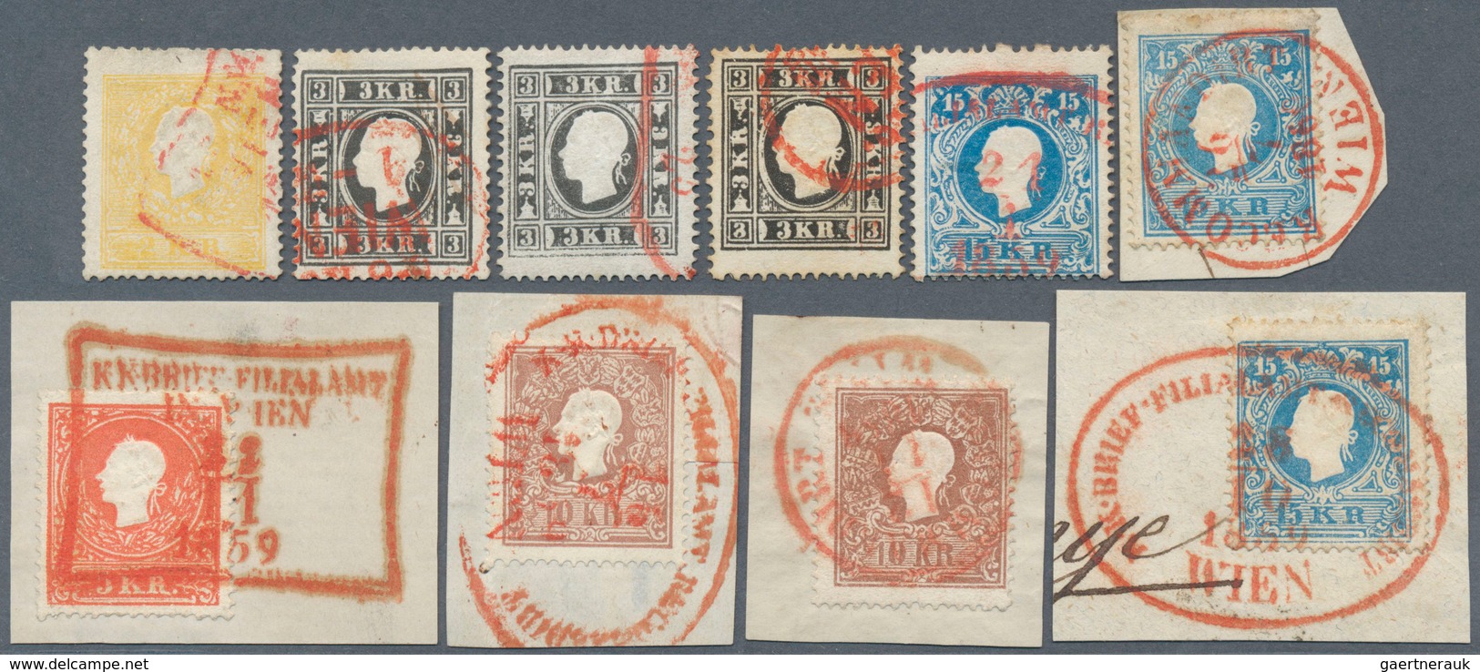 Österreich: 1858, Freimarken Franz Joseph, Lot Von 10 Marken, Entwertet Mit Seltenen Rotstempeln Und - Unused Stamps