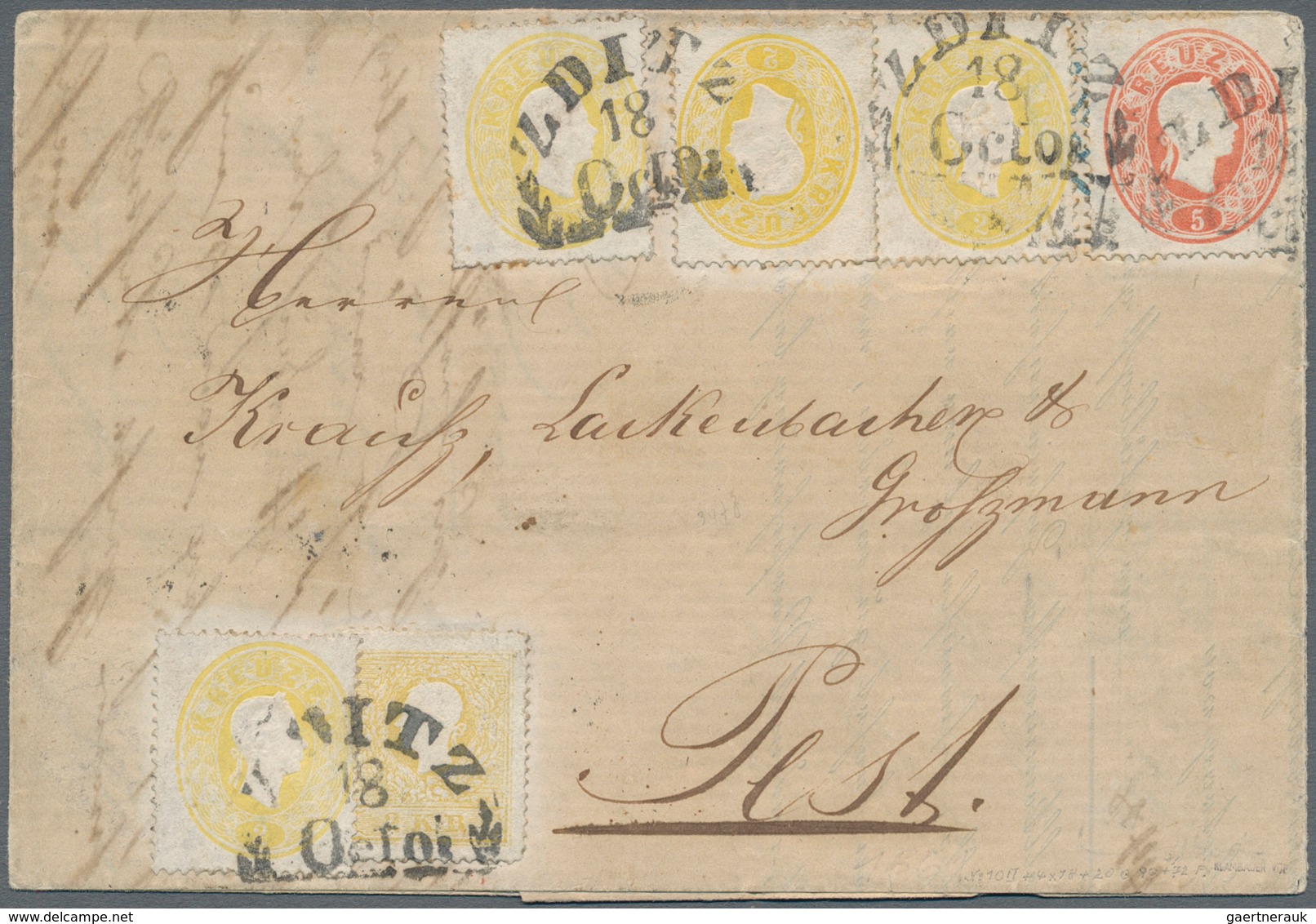 Österreich: 1858, 2 Kr Gelb, Type II, Zusammen Mit 1861, 4 X 2 Kr Gelb Und 5 Kr Rot, Entwertet Mit Z - Unused Stamps