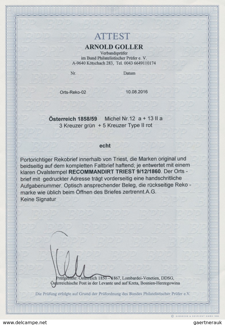 Österreich: 1859 3 Kr. Grün (vorderseitig) Und 5 Kr. Rot (rückseitig) Auf Komplettem Ortschargebrief - Unused Stamps