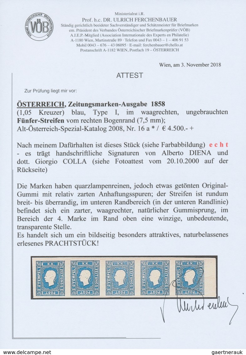 Österreich: 1858, (1,05 Kreuzer) Blau Zeitungsmarke, Type I, Waagerechter Fünferstreifen Vom Rechten - Unused Stamps