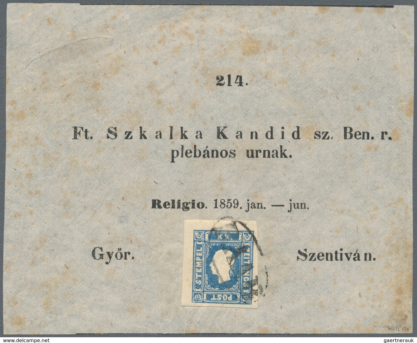 Österreich: 1858 Zeitungsmarke (1.05 Kr.) Blau, Original Auf Adresszettel Nach Szent Ivan, Sehr Saub - Unused Stamps