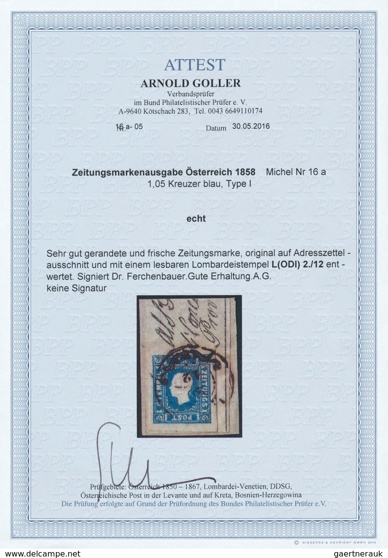 Österreich: 1858, 1,05 Kr. Zeitungsmarke Blau, Farbfrisches Und Gut Gerandetes Stück, Original Auf A - Unused Stamps