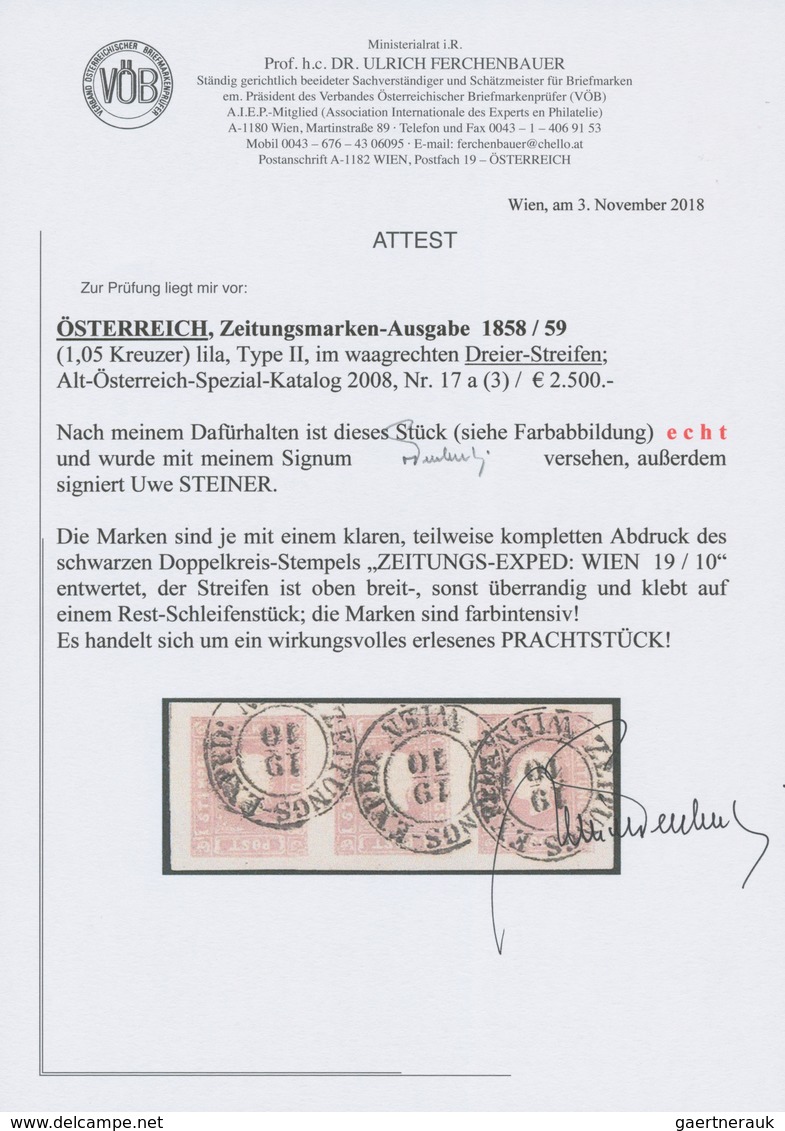 Österreich: 1859, (1,05 Kreuzer) Lila Zeitungsmarke, Type II, Waagerechter Dreierstreifen, Farbinten - Unused Stamps