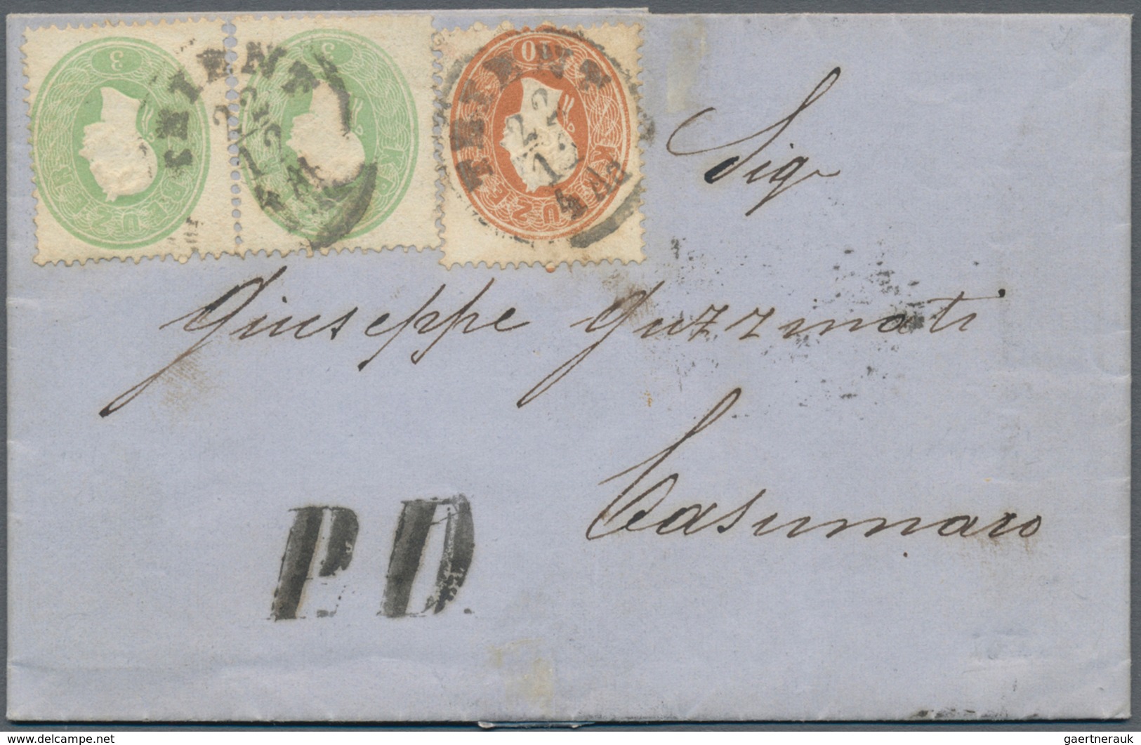 Österreich: 1862, Zwei Briefe Nach Italien: Zweimal 3 Kr. Grün (einmal Risschen) Und 15 Kr. Blau Auf - Unused Stamps