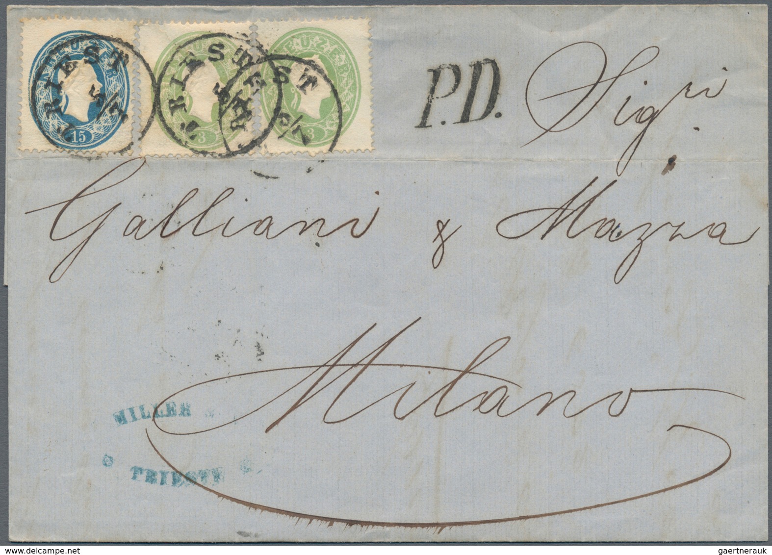 Österreich: 1862, Zwei Briefe Nach Italien: Zweimal 3 Kr. Grün (einmal Risschen) Und 15 Kr. Blau Auf - Unused Stamps