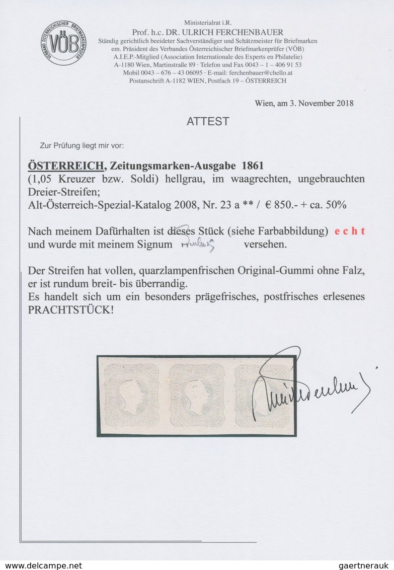 Österreich: 1861, (1,05 Kreuzer) Hellgrau Zeitungsmarke, Waagerechter Dreierstreifen, Prägefrisch, A - Unused Stamps