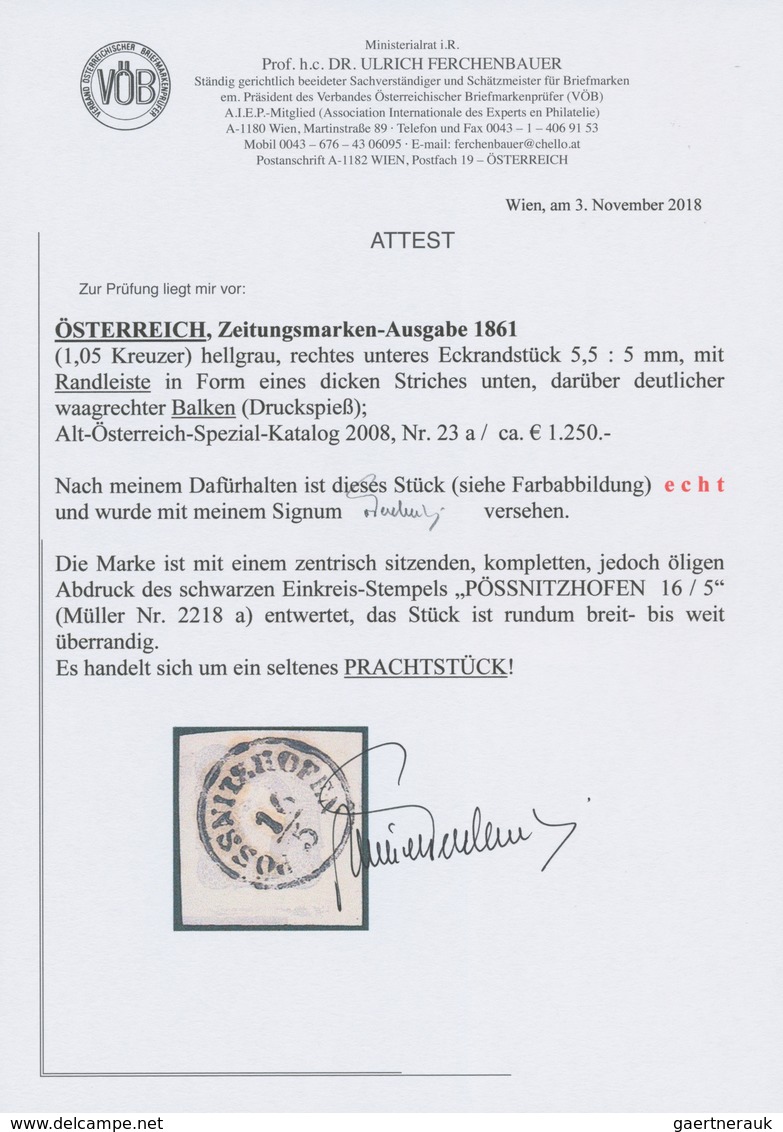 Österreich: 1861, (1,05 Kreuzer) Hellgrau Zeitungsmarke, Rechtes Unteres Eckrandstück (5,5 : 5 Mm), - Unused Stamps