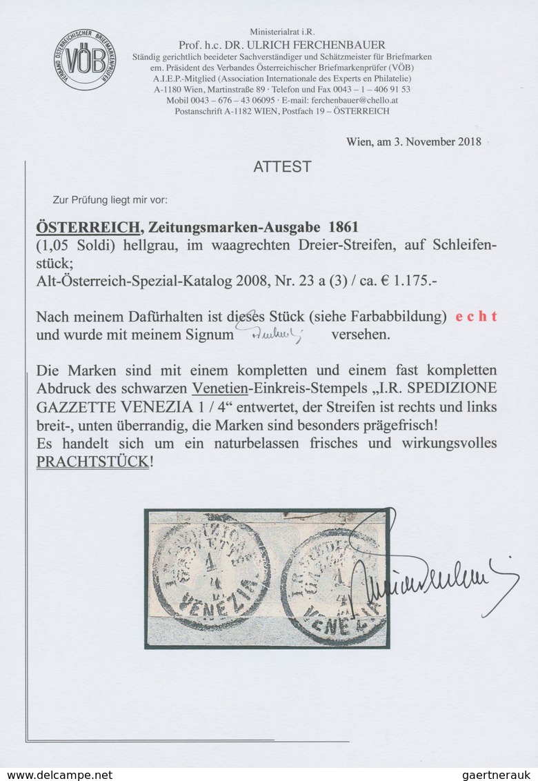 Österreich: 1861, (1,05 Kreuzer/Soldi) Hellgrau Zeitungsmarke, Waagerechter 3er-Streifen, Prägefrisc - Unused Stamps