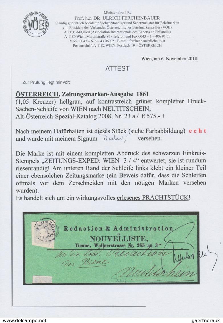 Österreich: 1861, (1,05 Kreuzer) Hellgrau Zeitungsmarke, Allseits Riesenrandig, Entwertet Mit Komple - Unused Stamps