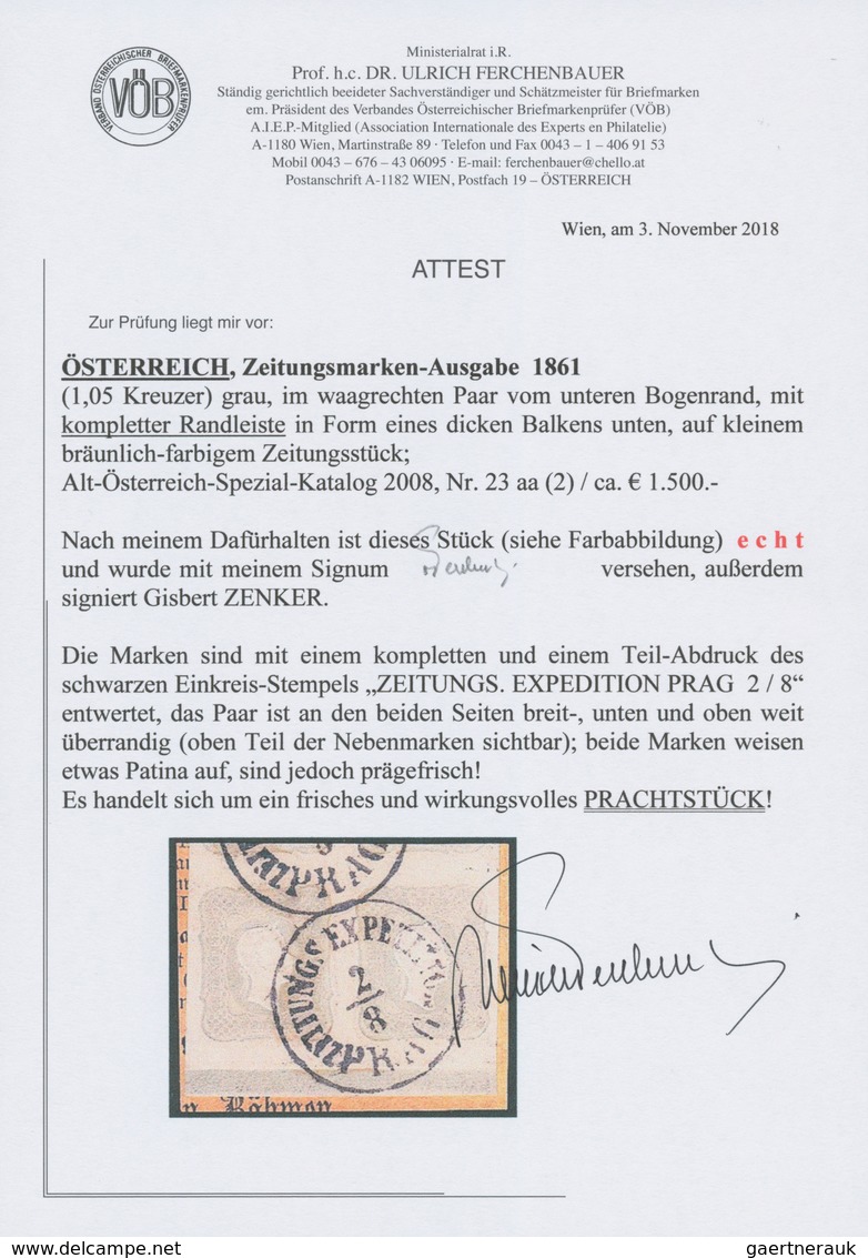 Österreich: 1861, (1,05 Kreuzer) Grau Zeitungsmarke, Waagerechtes Paar Vom Unteren Bogenrand Mit Kom - Unused Stamps